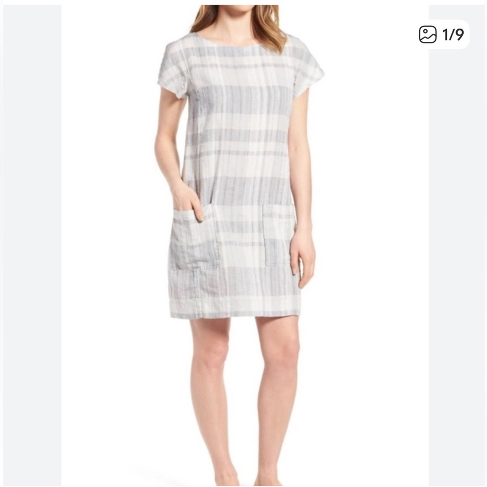 Eileen Fisher Light Gray Plaid Mini Shift Dress in Organic Cotton/Linen